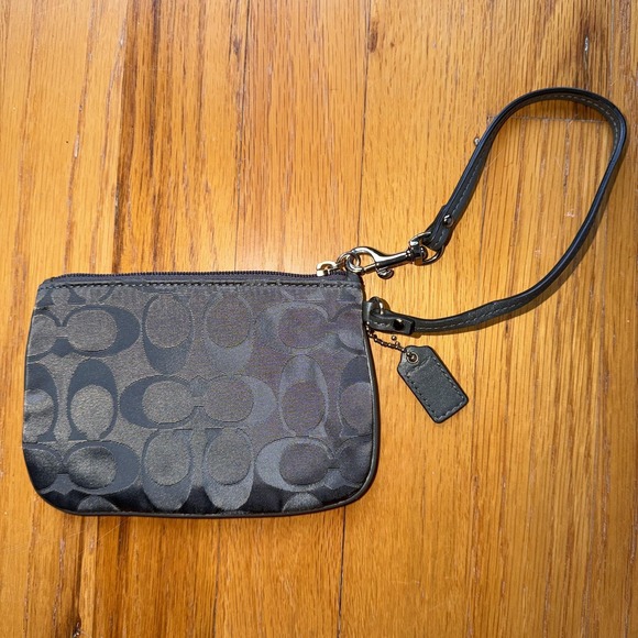Coach Wristlet Bag Small Black Gray Signature C Logo Leather Pouch - Picture 3 of 6